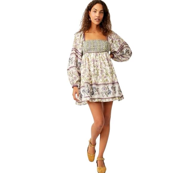 Free People Mini Dress Endless Afternoon Peasant Milkmaid Boho Floral Size Small - Picture 1 of 14